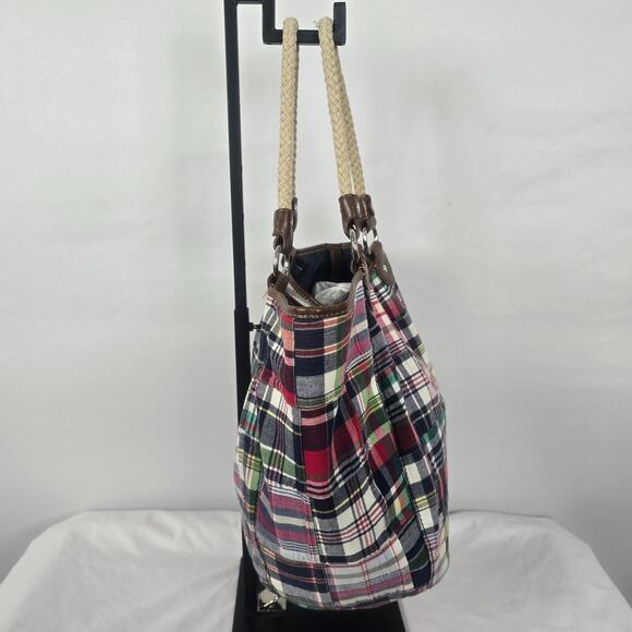 Tommy Hilfiger Tote Colorful Plaid Double Shoulder Strap 11" x 12" x 7" - Picture 14 of 16